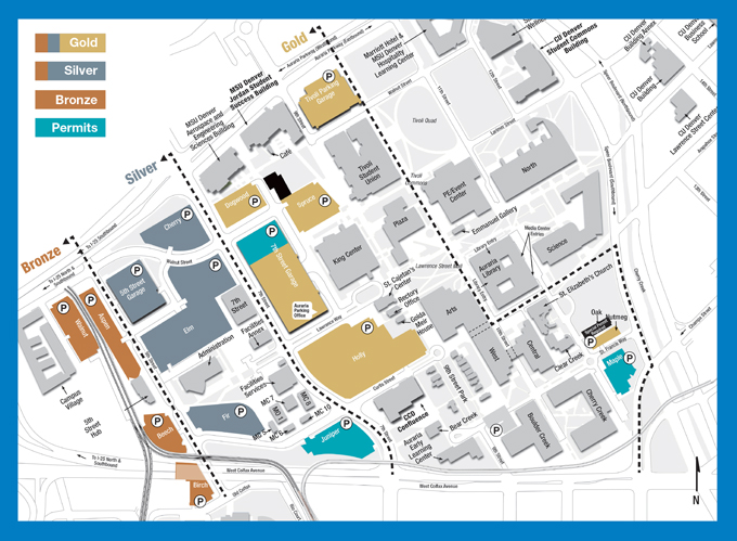 Auraria Campus map showing parking passport and permit parking lots.