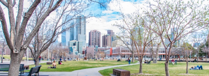View of Auraria Library and downtown Denver in spring